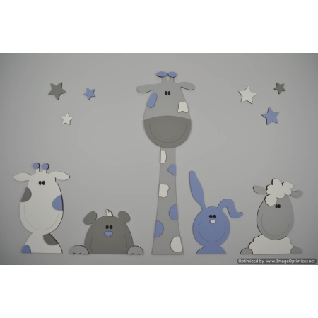 Giraf met 4 diertjes - oudblauw (sterren/bloemen optioneel) (100x60cm)